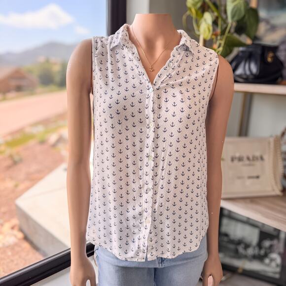 Coliseum Collection-Collared Sleeveless Buttoned Navy Anchor Top-Women’s Medium - Picture 2 of 10